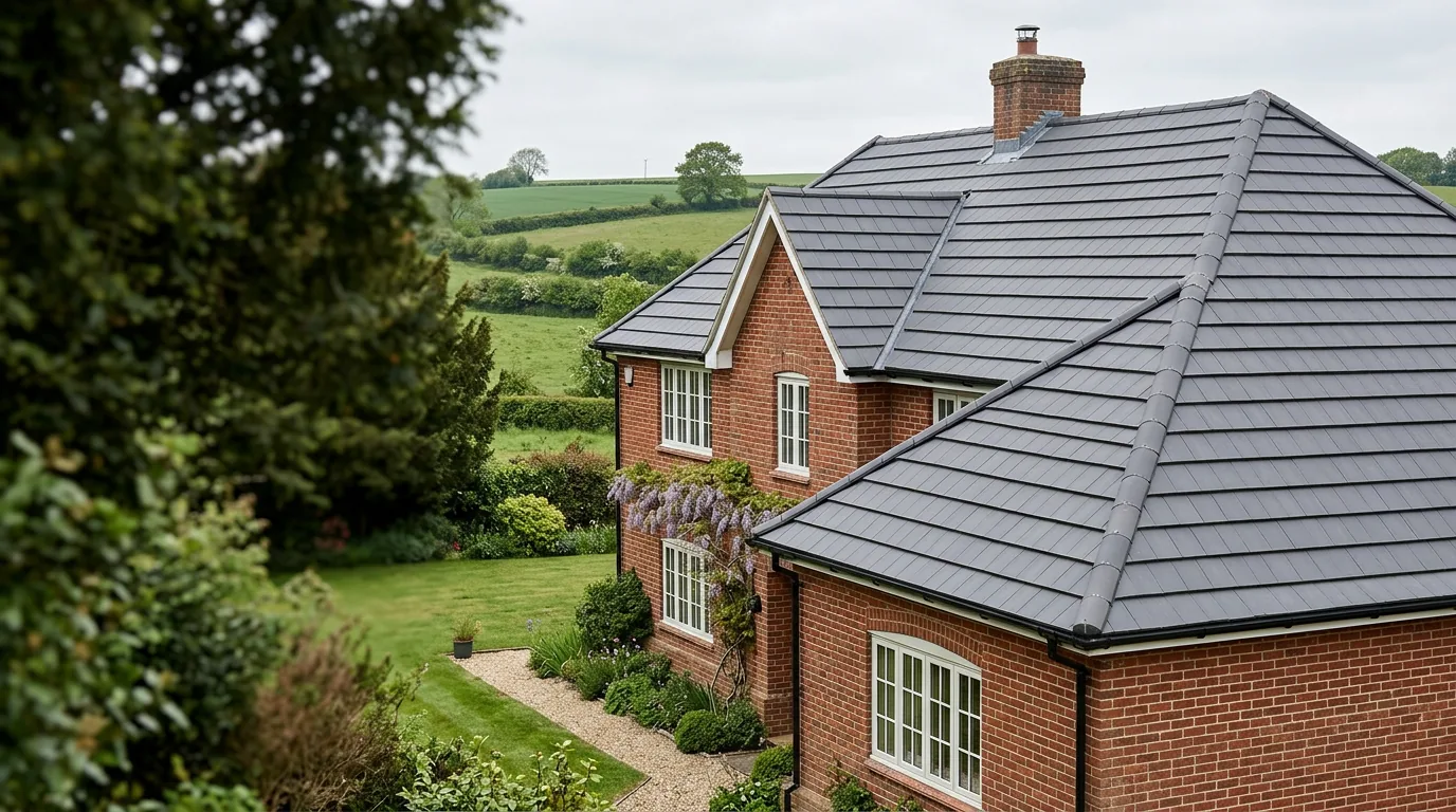 Illustrative red-brick British home with a charcoal tiled roof, not a completed RoofRegen project