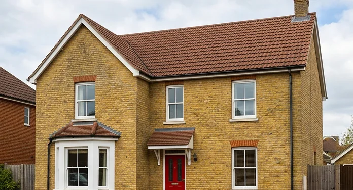 The same illustrative yellow brick house after moss removal retaining the existing brown-red tile colour