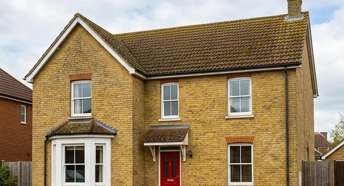 Illustrative yellow brick house with a red door and moss on brown-red roof tiles