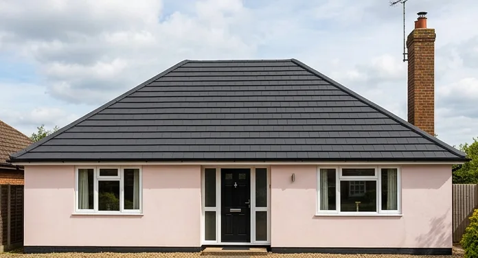 The same illustrative pale pink bungalow with a refreshed matt dark grey roof finish