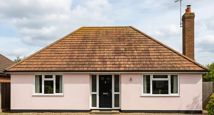 Different illustrative pale pink bungalow with a black door and faded orange-brown mineral tiles