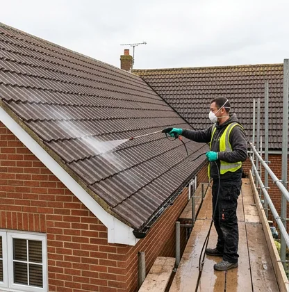 Illustrative low-pressure treatment on brown roof tiles beside a scaffold platform