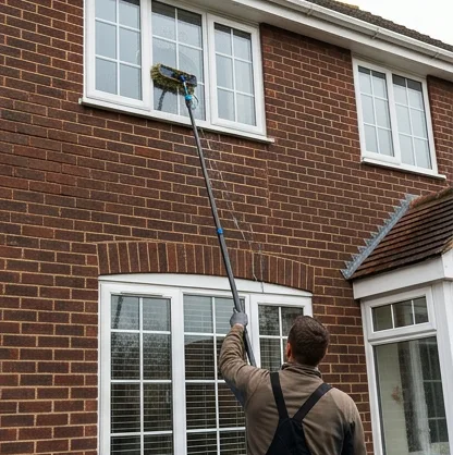 Illustrative water-fed brush cleaning windows on a dark red brick house