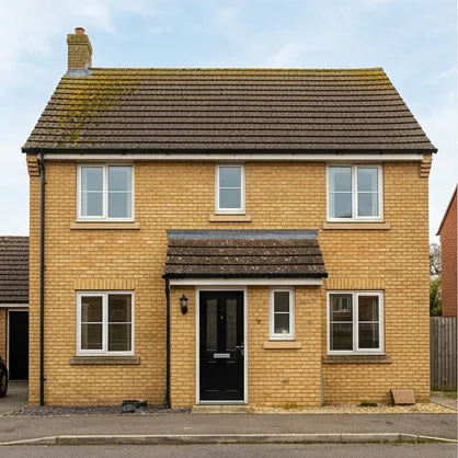Illustrative golden brick house with a black door and moss on brown roof tiles