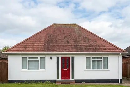 Different illustrative white bungalow with a red door and faded mineral roof tiles