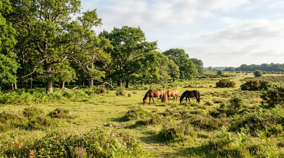 Illustrative New Forest heathland and grazing ponies in Hampshire