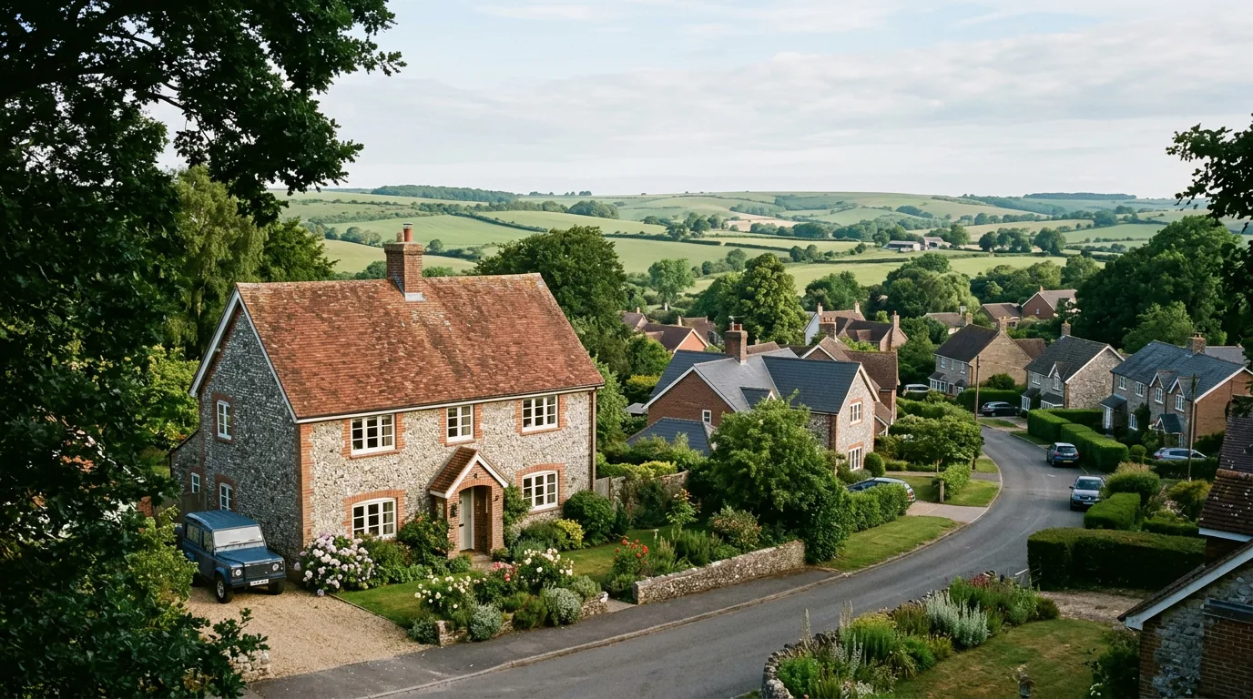 Illustrative village homes and tiled rooftops in the southern English countryside