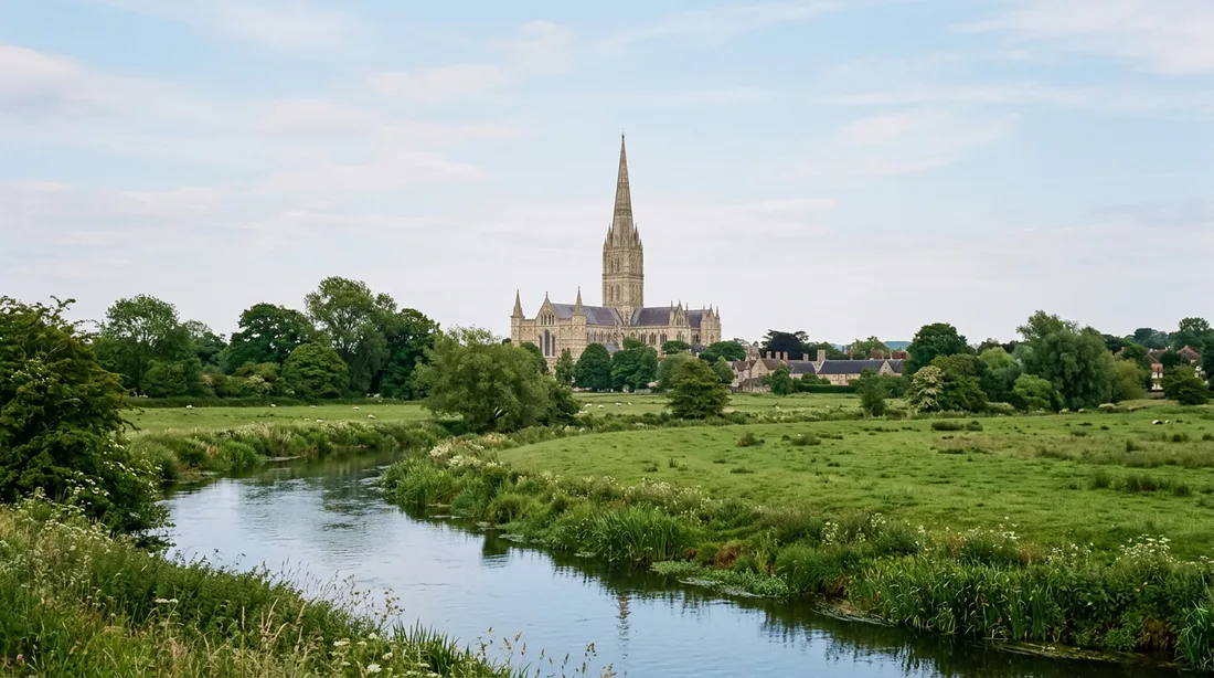 Illustrative Salisbury Cathedral beyond the Wiltshire water meadows