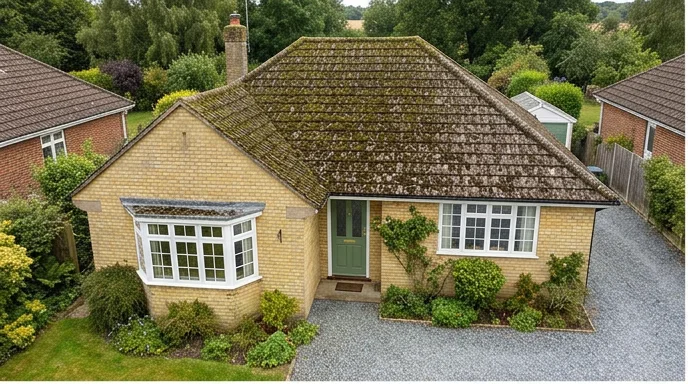 Illustrative yellow brick bungalow with moss on brown concrete roof tiles