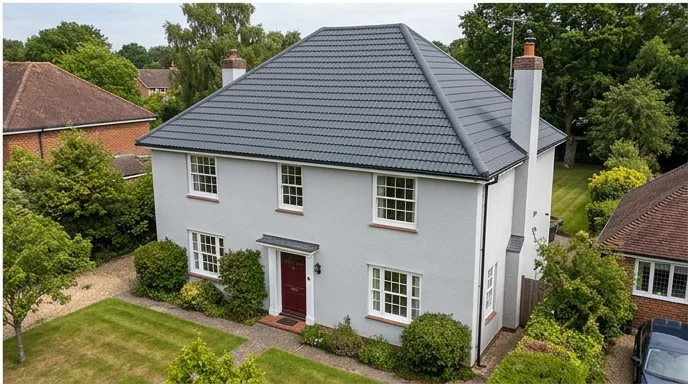 The same illustrative grey rendered house with a uniform matt charcoal-grey roof-colour finish