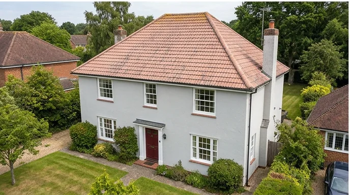 Different illustrative grey rendered house with faded pink-orange mineral roof tiles