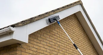 Illustrative brush cleaning white roofline boards on a different buff brick house
