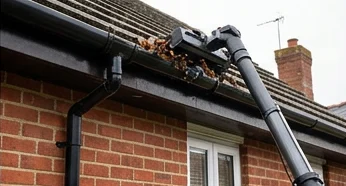 Illustrative gutter vacuum clearing a separate red brick home’s gutter