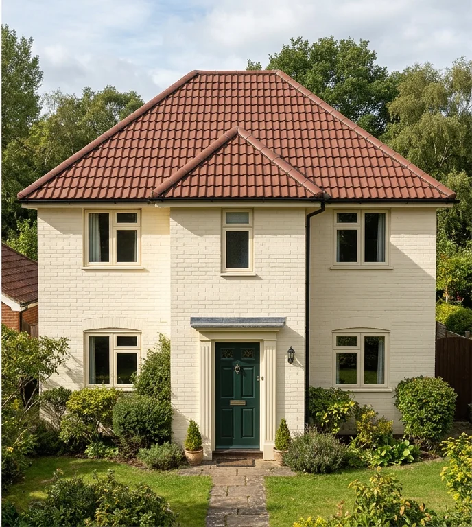 The same illustrative cream brick home with moss removed and existing brown tiles retained