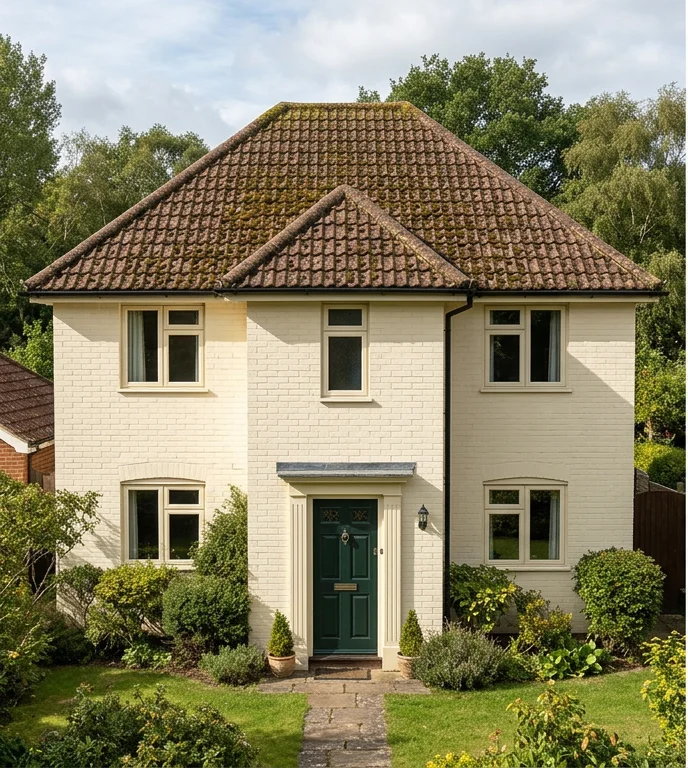 Illustrative cream brick home with moss on its brown concrete tiled roof