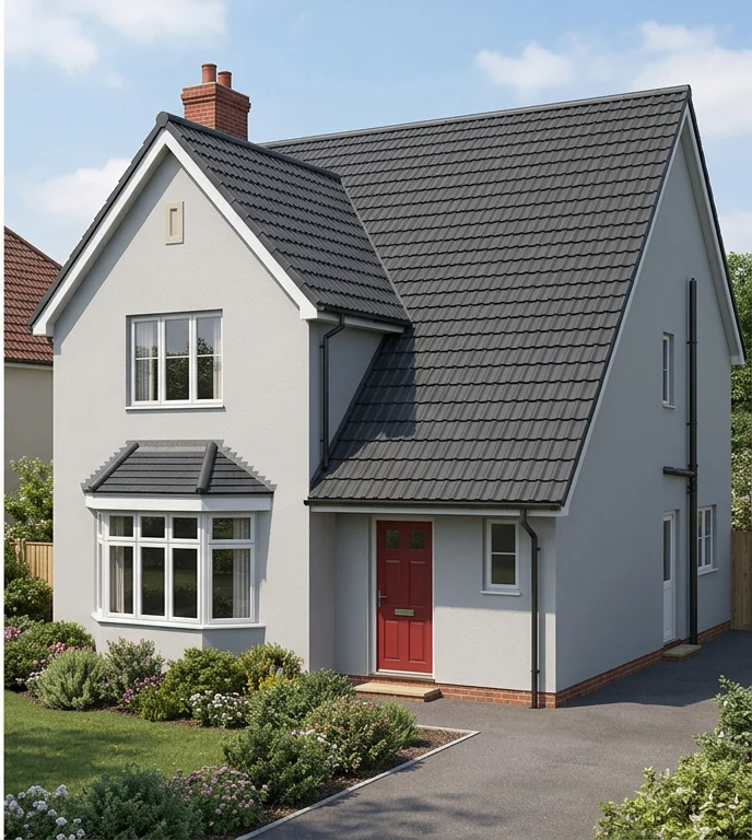 The same illustrative rendered home with a renewed charcoal finish on compatible concrete tiles