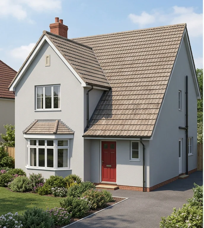 Illustrative pale rendered home with faded brown concrete roof tiles