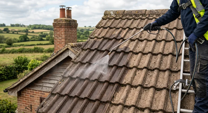 Illustrative low-pressure treatment applied to concrete roof tiles