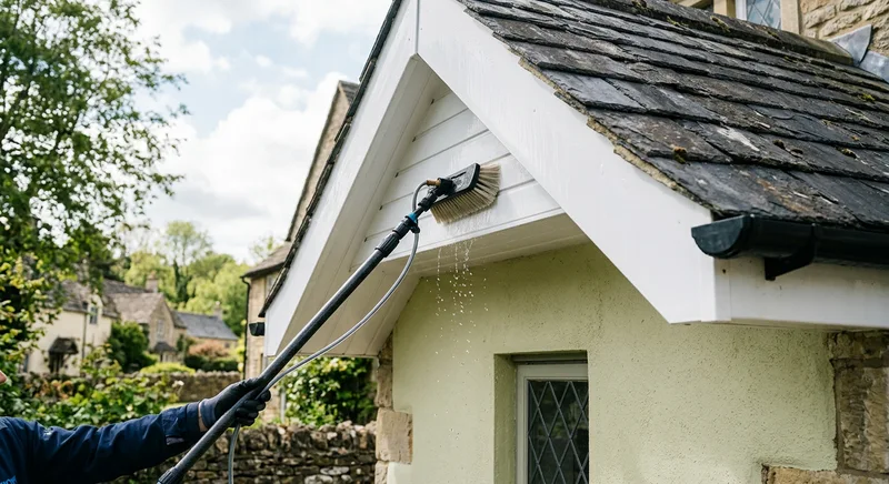 Illustrative soft-brush washing of a white fascia and soffit