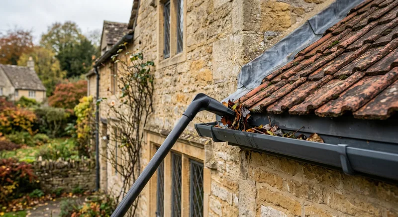 Illustrative gutter vacuum clearing leaves from a cottage gutter
