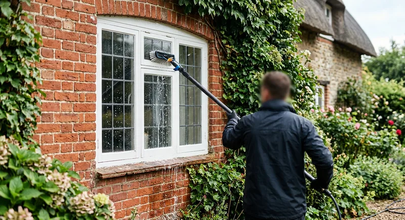 Illustrative water-fed window cleaning on a brick home