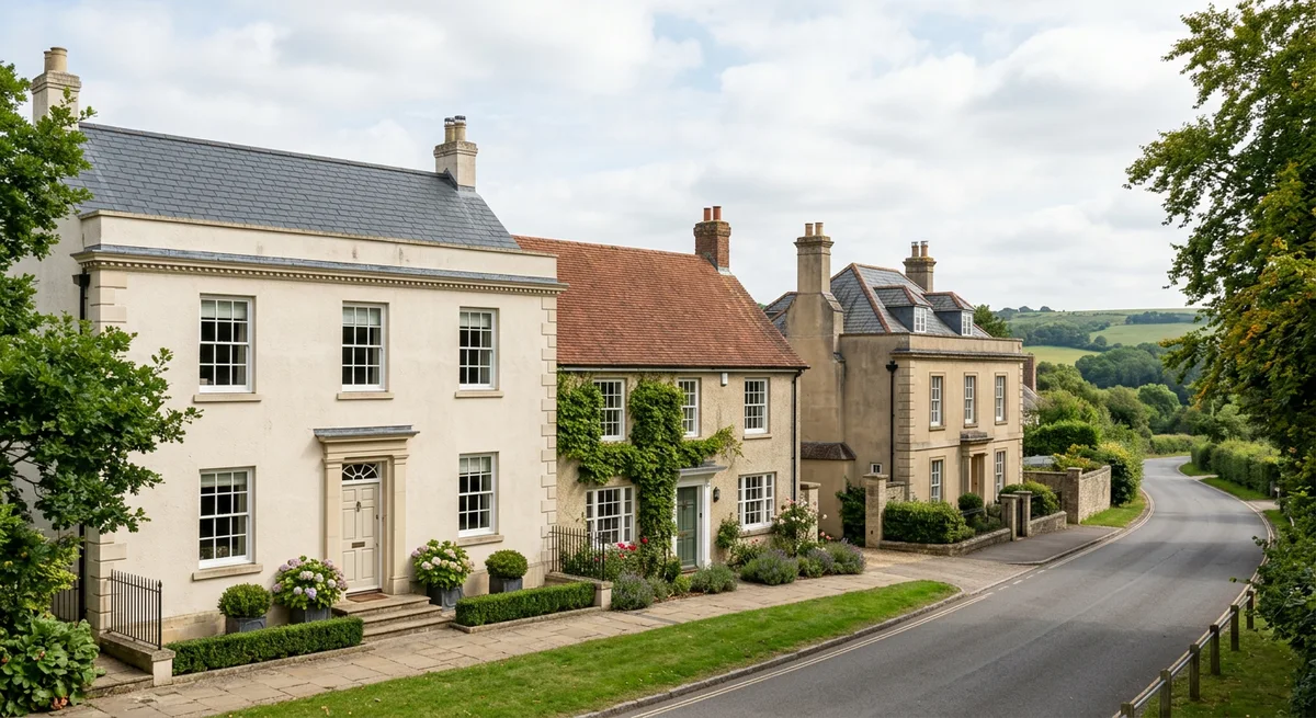 Illustrative Georgian-inspired residential street with varied slate and tiled rooflines, not a verified Blandford address