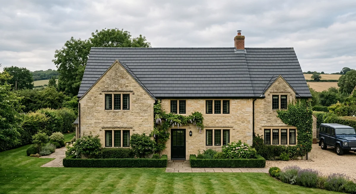 Illustrative uniform colour finish on mineral roof tiles, not a verified customer result