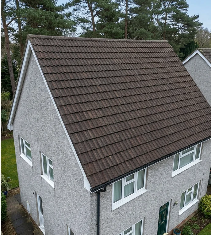 Illustrative grey pebble-dash home after cleaning, retaining its brown tile colour