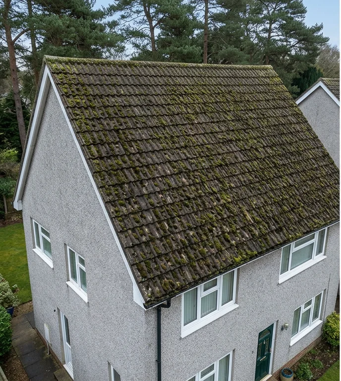 Same illustrative grey pebble-dash home with moss-covered brown tiles before cleaning