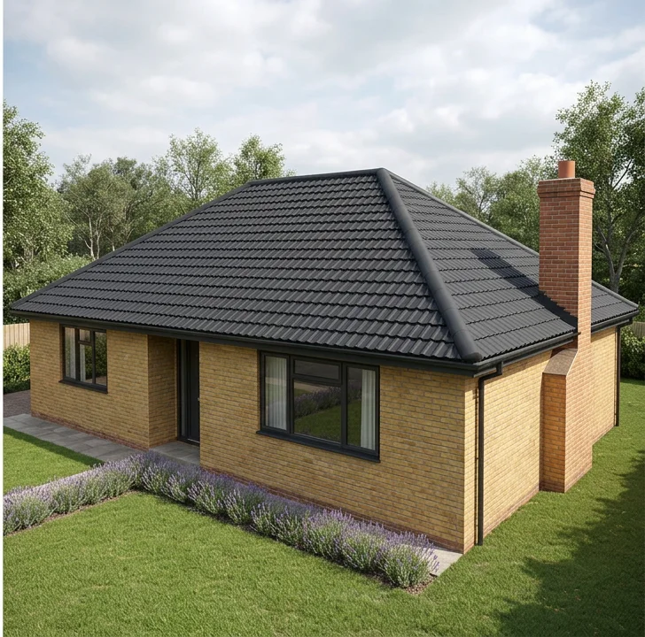 Illustrative buff-brick bungalow with a new charcoal roof finish after coating