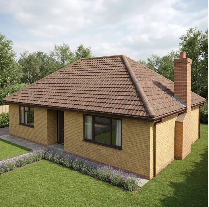Same illustrative buff-brick bungalow with faded brown tiles before coating