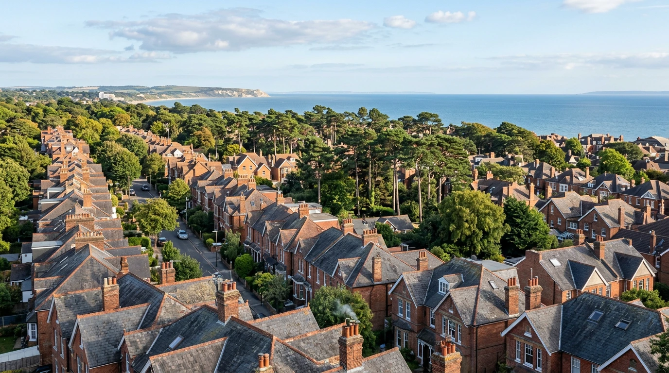 Illustrative Bournemouth-inspired neighbourhood rooflines among pines near the coast