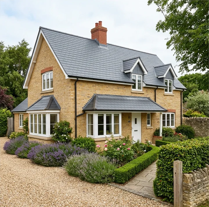 Different illustrative buff brick home with a charcoal colour-coated roof