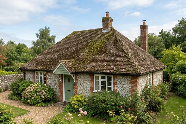 Illustrative flint and brick bungalow with moss on reddish-brown roof tiles