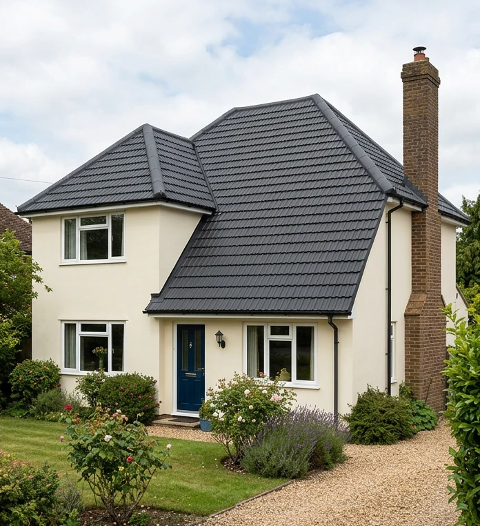 The same illustrative cream home with a refreshed charcoal-coloured finish on its concrete tiles