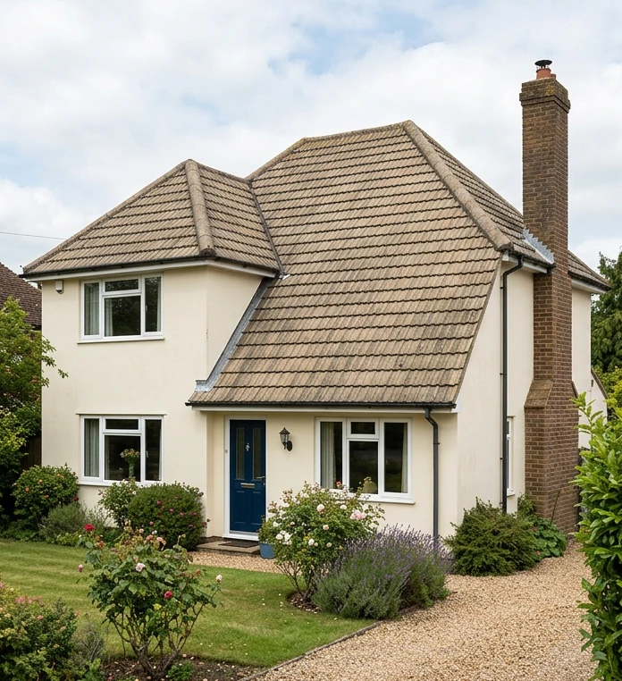 Different illustrative cream home with faded brown concrete roof tiles