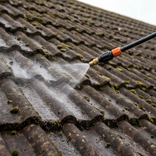 Illustrative treatment spray applied to concrete roof tiles
