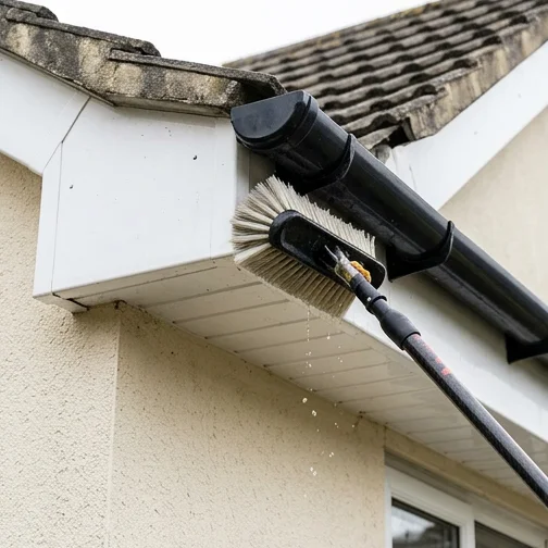 Illustrative soft brush washing a white fascia and soffit
