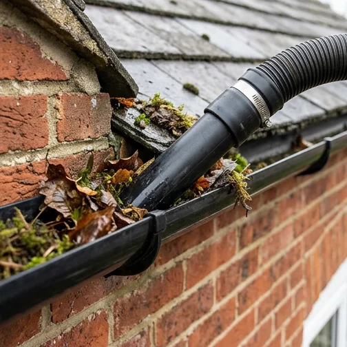 Illustrative vacuum nozzle clearing leaves from a brick home’s gutter