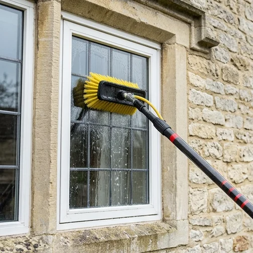 Illustrative water-fed brush cleaning a window on a stone home
