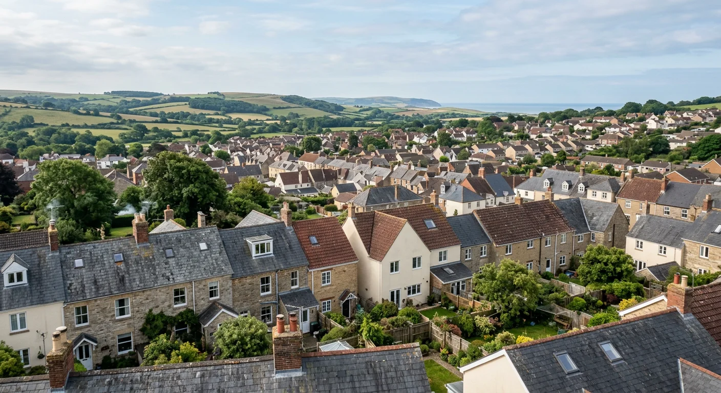 Illustrative West Dorset-inspired residential rooflines with varied slate and tiled coverings, not a verified Bridport address
