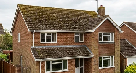 Illustrative brick family house with moss on brown concrete roof tiles