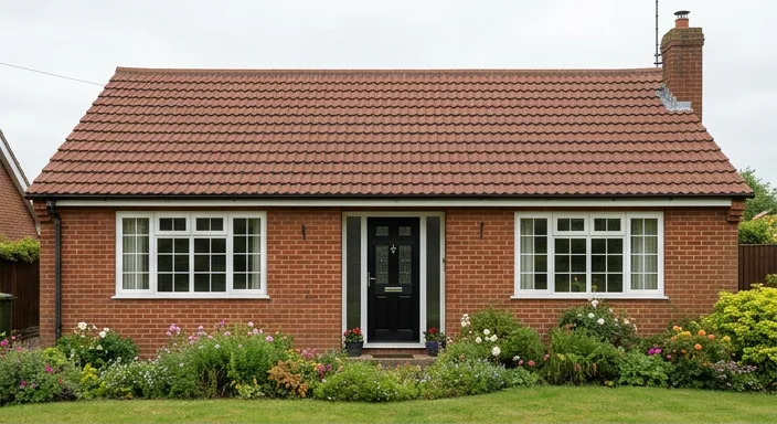 The same illustrative red brick bungalow after moss removal retaining the natural reddish brown tile colour