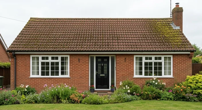 Illustrative red brick bungalow with a black door and moss on reddish brown tiles