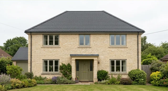 The same illustrative pale limestone house with a refreshed matt dark grey roof-colour finish
