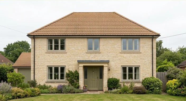 Different illustrative pale limestone house with an olive door and faded tan-orange mineral tiles
