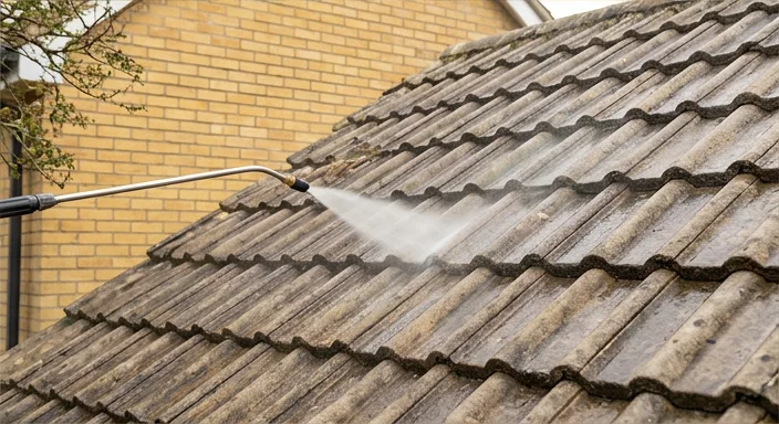 Illustrative gentle biocide application to a different yellow brick home’s roof tiles