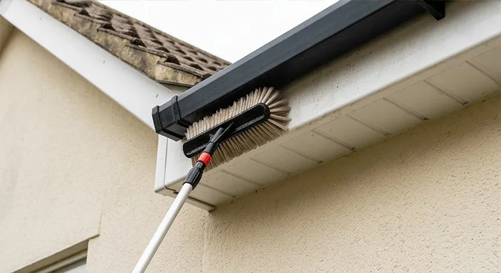 Illustrative brush washing dark fascia and white soffit on another cream rendered home