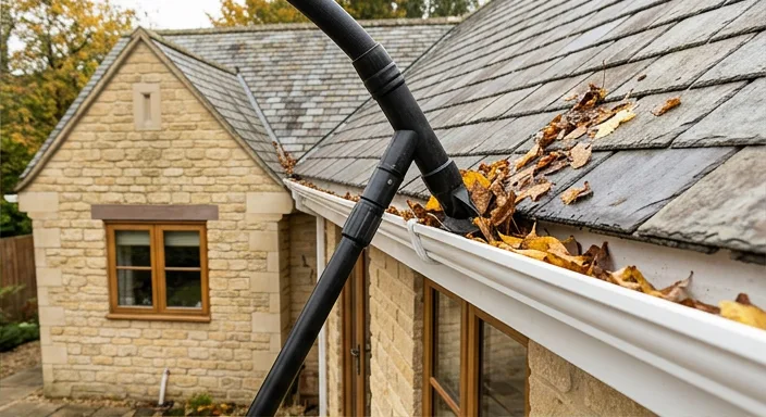 Illustrative vacuum clearing leaves from a separate buff stone bungalow’s gutter