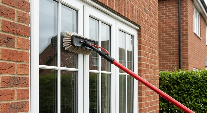 Illustrative water-fed brush washing a white casement window on a red brick home